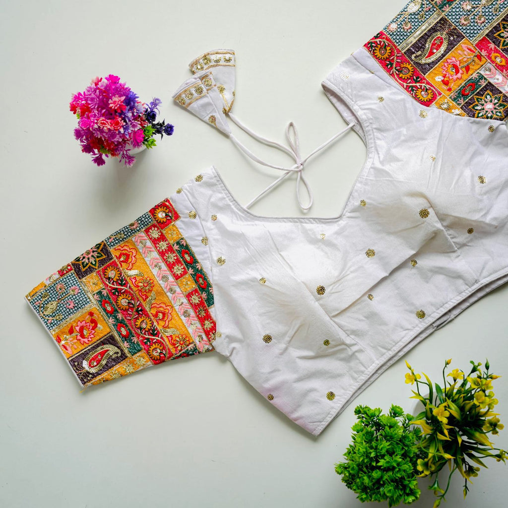 White Golden Embroidered Seoul Silk Blouse with Sequins ClothsVilla