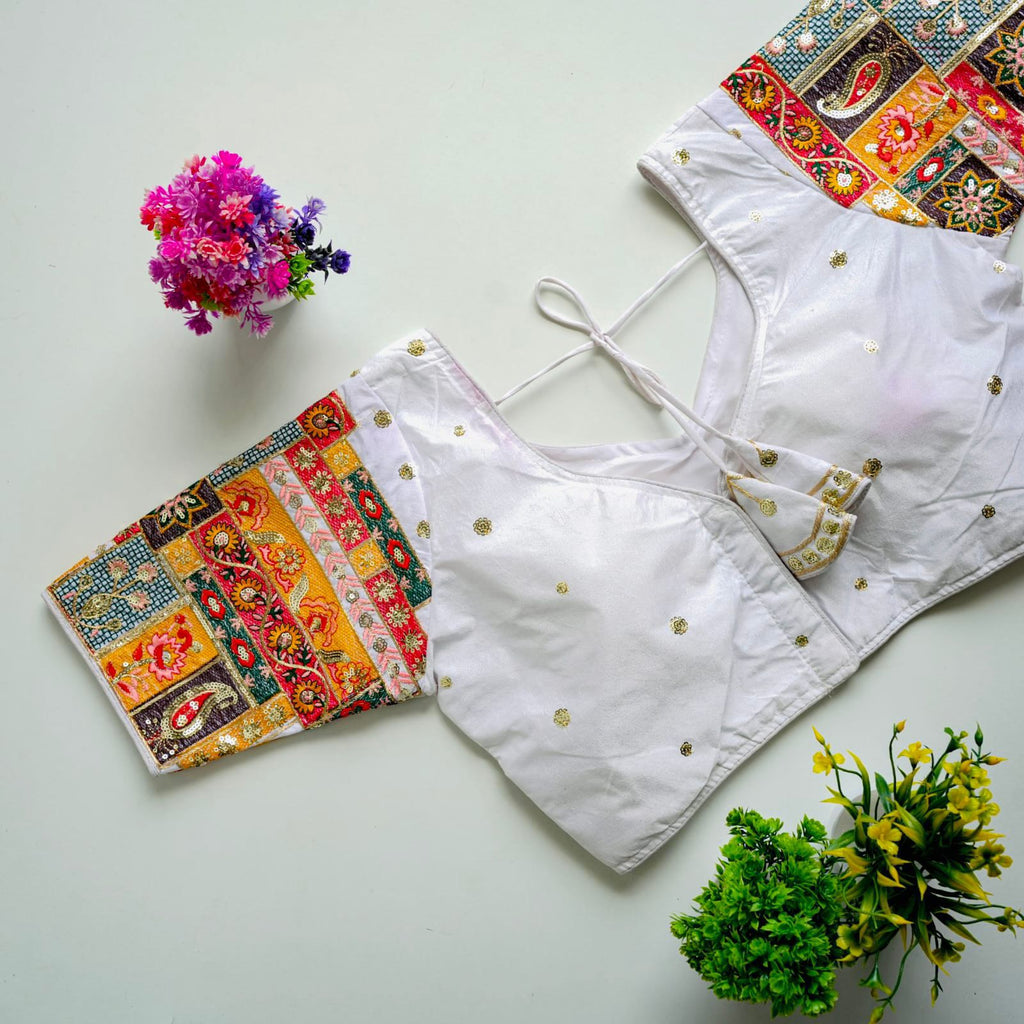 White Golden Embroidered Seoul Silk Blouse with Sequins ClothsVilla