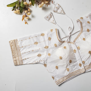 White Golden Embroidered Vibrant Silk Blouse with Sequins ClothsVilla