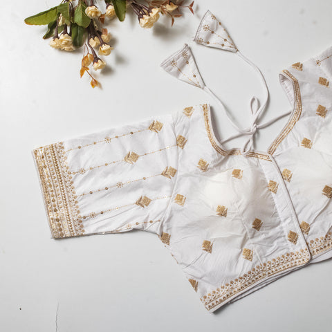 White Golden Embroidered Vibrant Silk Blouse with Sequins ClothsVilla Main image