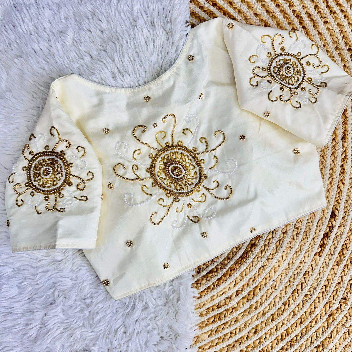 White Golden Handcrafted Makhana Silk Blouse with White Pearl Accents ClothsVilla Main image