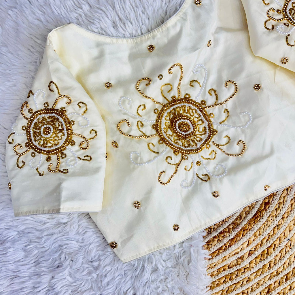 White Golden Handcrafted Makhana Silk Blouse with White Pearl Accents ClothsVilla