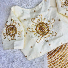 Load image into Gallery viewer, White Golden Handcrafted Makhana Silk Blouse with White Pearl Accents ClothsVilla