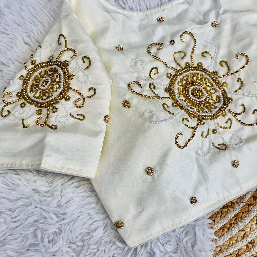 White Golden Handcrafted Makhana Silk Blouse with White Pearl Accents ClothsVilla