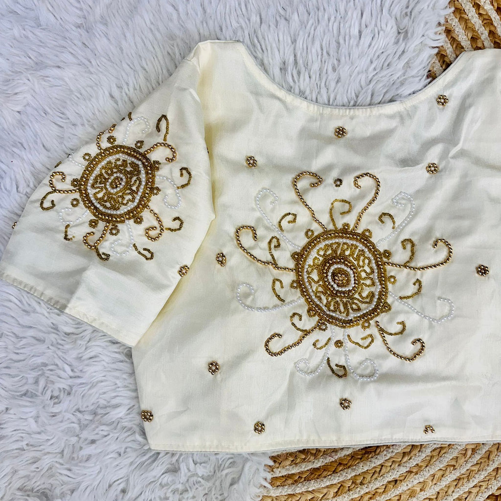 White Golden Handcrafted Makhana Silk Blouse with White Pearl Accents ClothsVilla