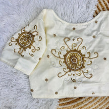 Load image into Gallery viewer, White Golden Handcrafted Makhana Silk Blouse with White Pearl Accents ClothsVilla