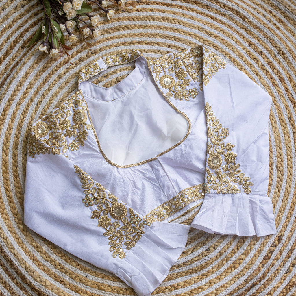 White Golden Sequence Embroidered Blouse in glossy silk ClothsVilla