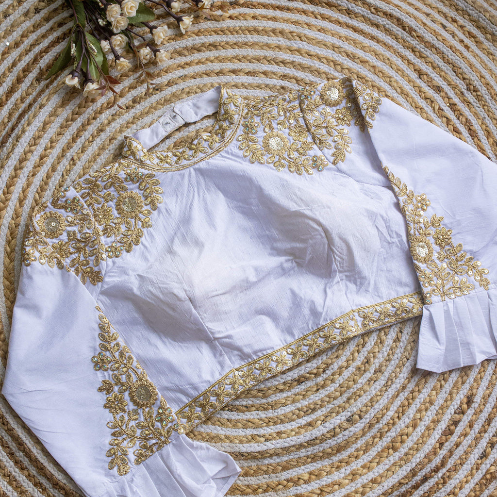 White Golden Sequence Embroidered Blouse in glossy silk ClothsVilla