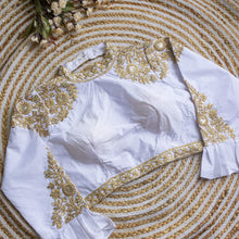 Load image into Gallery viewer, White Golden Sequence Embroidered Blouse in glossy silk ClothsVilla