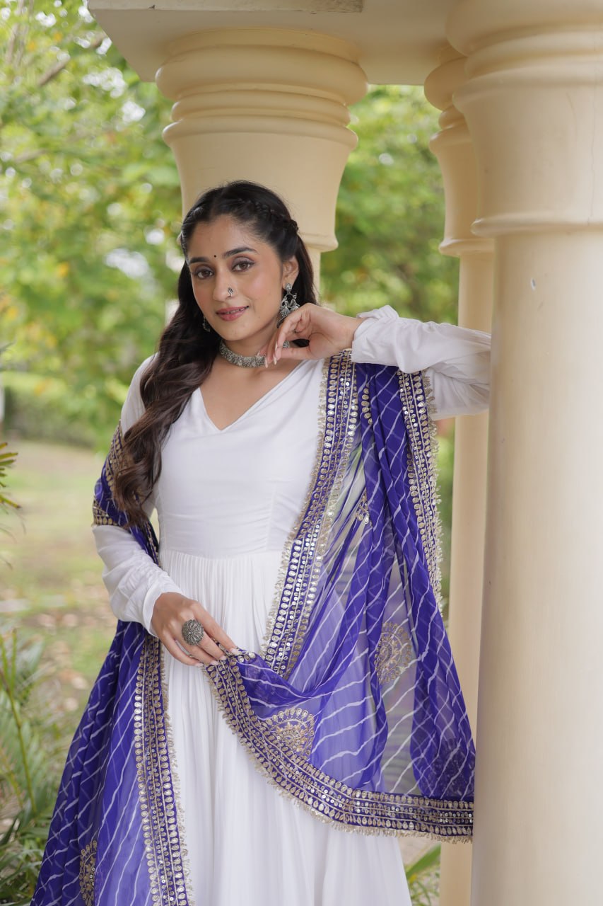 White Gown with Leheriya Dupatta ClothsVilla