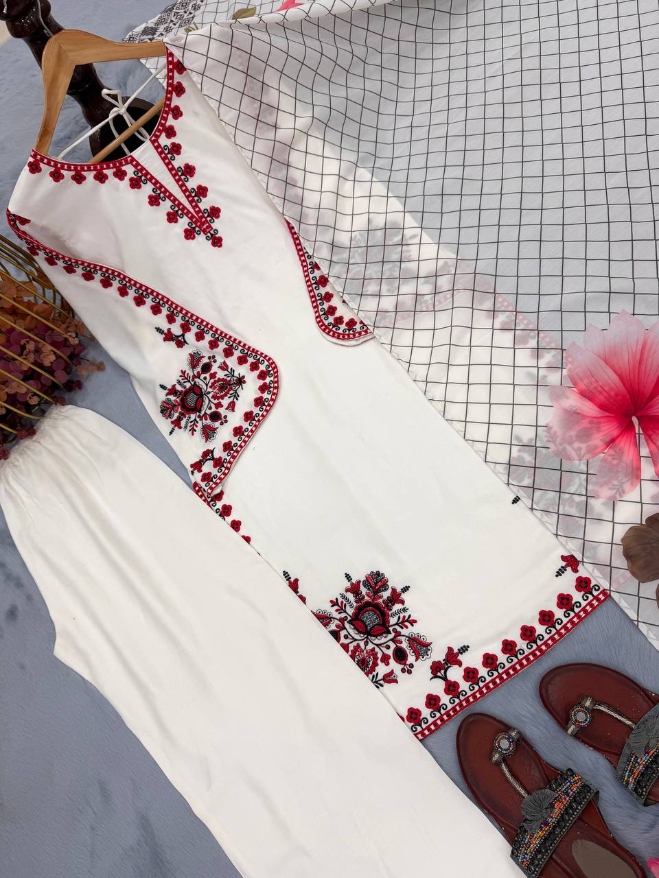 White Graceful Ethnic Satin plazzo Set ClothsVilla