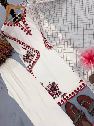 White Graceful Ethnic Satin plazzo Set ClothsVilla