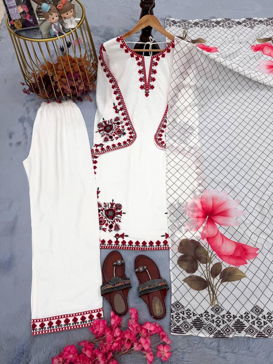 White Graceful Ethnic Satin plazzo Set ClothsVilla