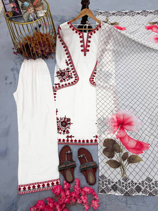White Graceful Ethnic Satin plazzo Set ClothsVilla