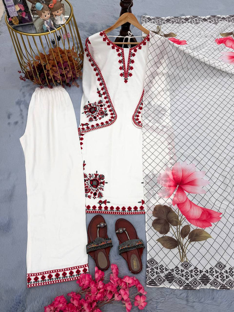 White Graceful Ethnic Satin plazzo Set ClothsVilla