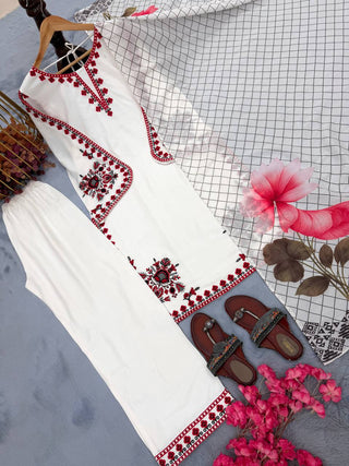White Graceful Ethnic Satin plazzo Set ClothsVilla