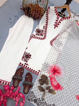 White Graceful Ethnic Satin plazzo Set ClothsVilla