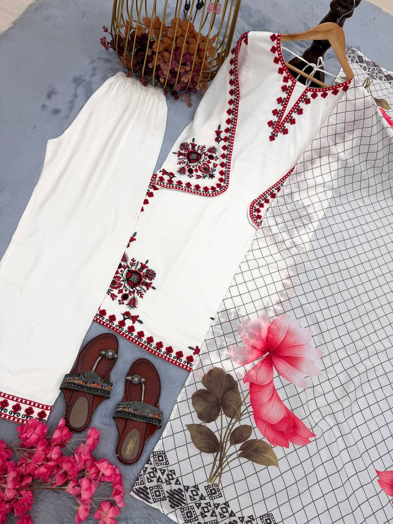 White Graceful Ethnic Satin plazzo Set ClothsVilla