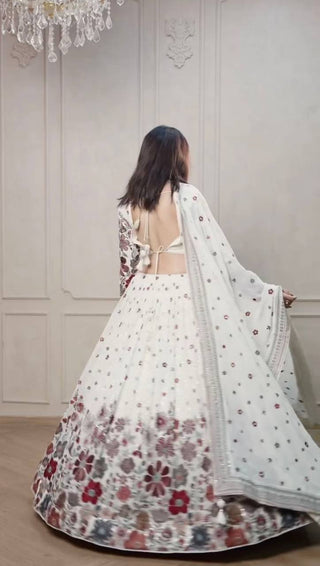 White Graceful Faux Georgette Lehenga Choli Set with Sequin & Thread Embroidery ClothsVilla