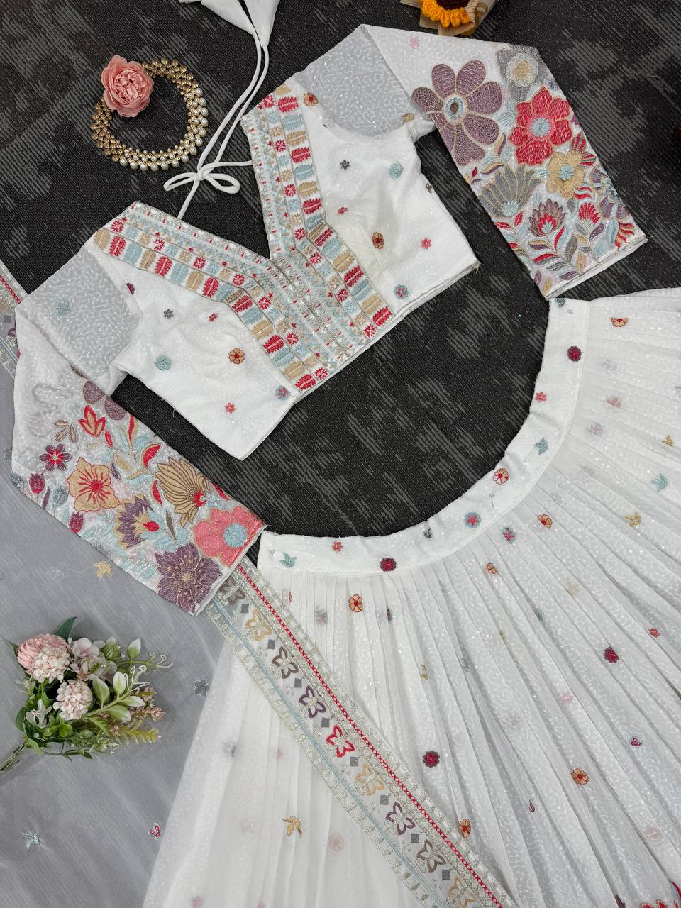 White Graceful Faux Georgette Lehenga Choli Set with Sequin & Thread Embroidery ClothsVilla