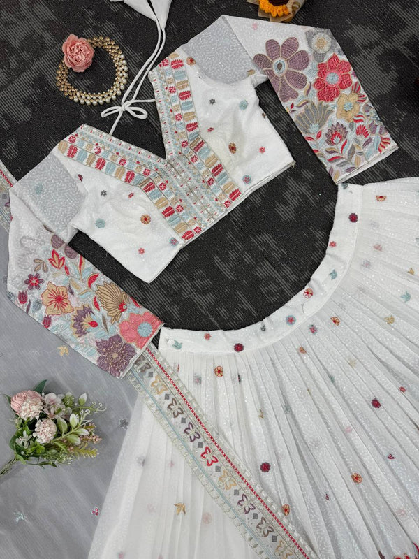 White Graceful Faux Georgette Lehenga Choli Set with Sequin & Thread Embroidery ClothsVilla