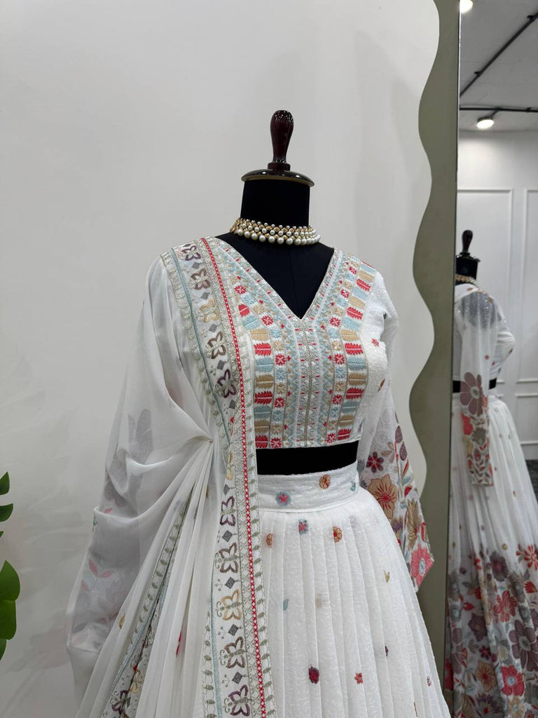White Graceful Faux Georgette Lehenga Choli Set with Sequin & Thread Embroidery ClothsVilla
