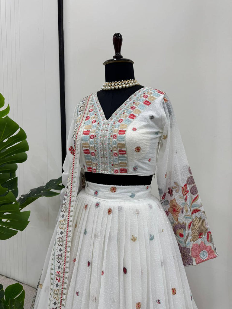 White Graceful Faux Georgette Lehenga Choli Set with Sequin & Thread Embroidery ClothsVilla