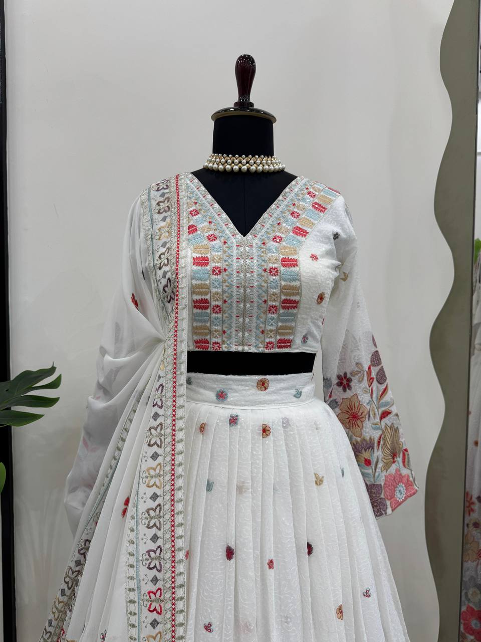 White Graceful Faux Georgette Lehenga Choli Set with Sequin & Thread Embroidery ClothsVilla