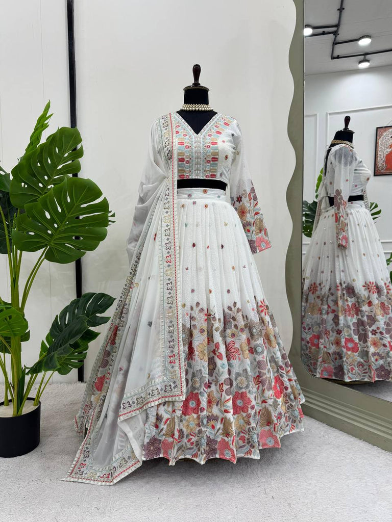 White Graceful Faux Georgette Lehenga Choli Set with Sequin & Thread Embroidery ClothsVilla