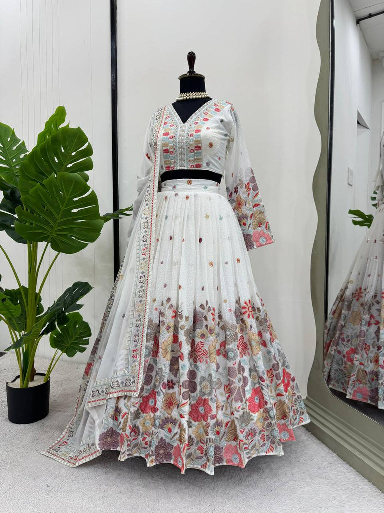 White Graceful Faux Georgette Lehenga Choli Set with Sequin & Thread Embroidery ClothsVilla