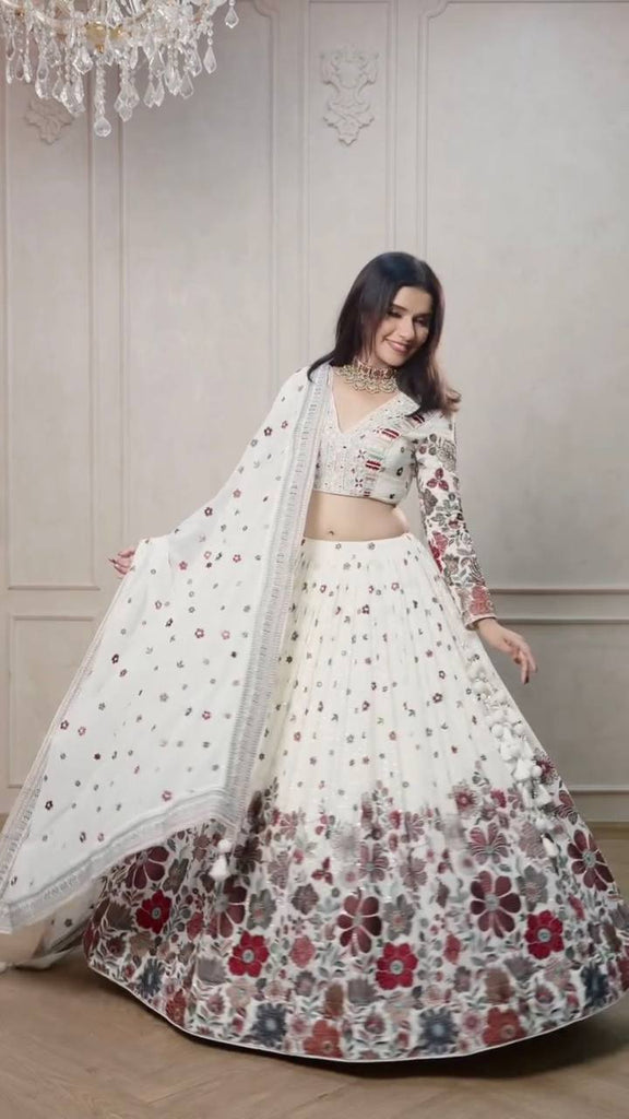 White Graceful Faux Georgette Lehenga Choli Set with Sequin & Thread Embroidery ClothsVilla