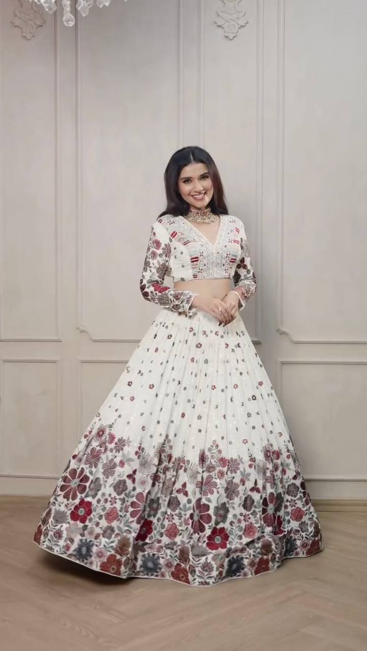 White Graceful Faux Georgette Lehenga Choli Set with Sequin & Thread Embroidery ClothsVilla Main image
