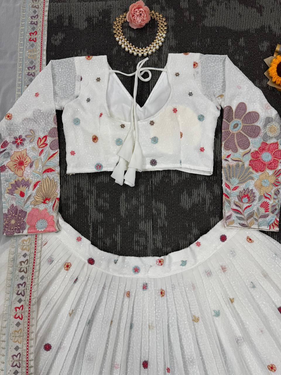 White Graceful Faux Georgette Lehenga Choli Set with Sequin & Thread Embroidery ClothsVilla