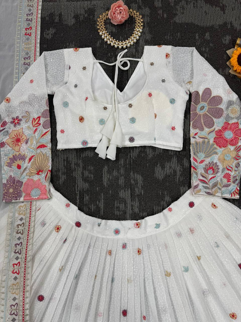 White Graceful Faux Georgette Lehenga Choli Set with Sequin & Thread Embroidery ClothsVilla