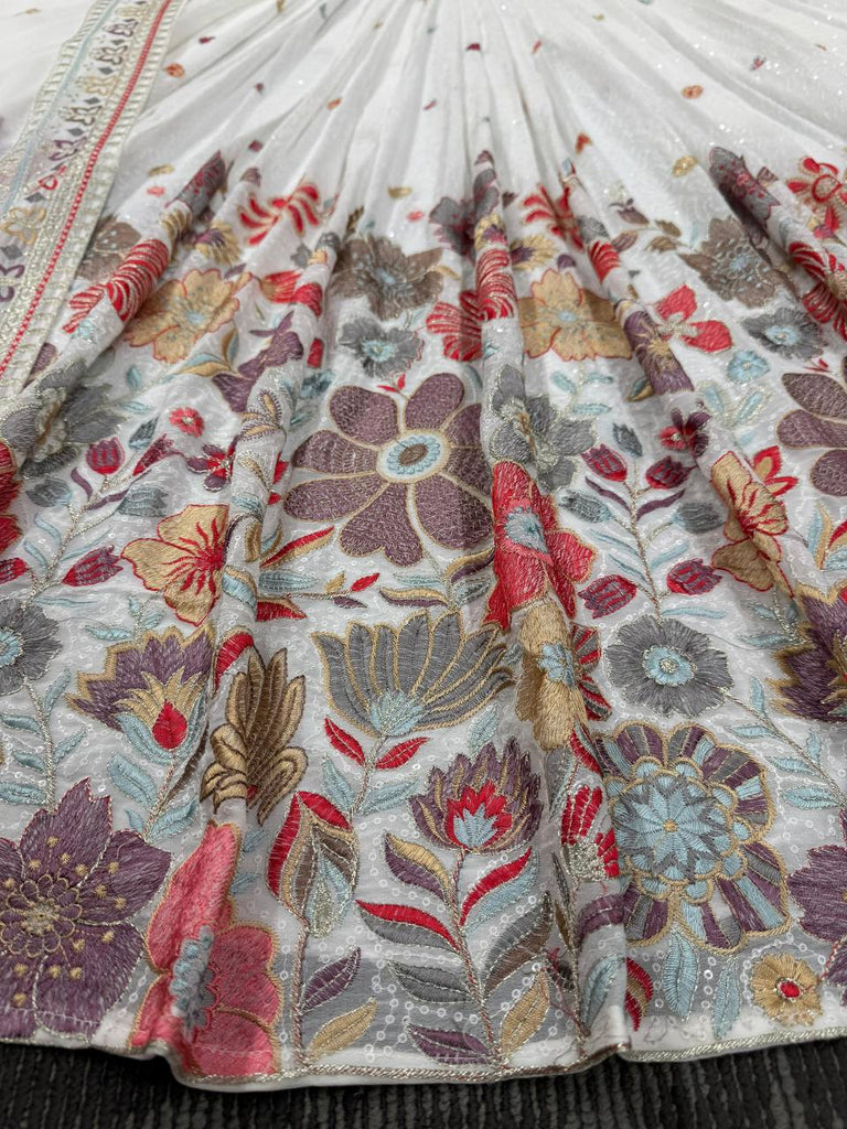 White Graceful Faux Georgette Lehenga Choli Set with Sequin & Thread Embroidery ClothsVilla