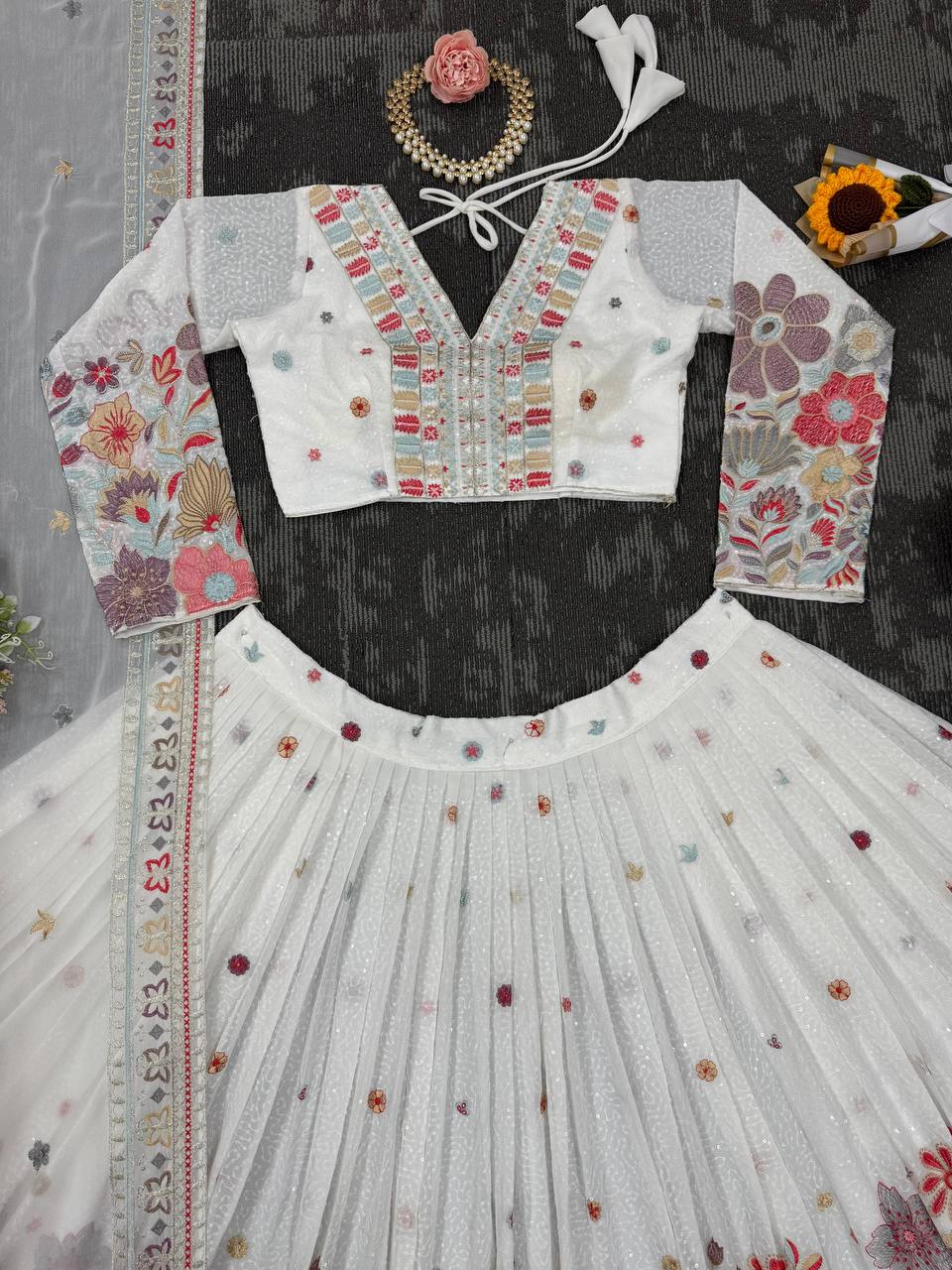 White Graceful Faux Georgette Lehenga Choli Set with Sequin & Thread Embroidery ClothsVilla