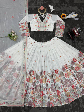 White Graceful Faux Georgette Lehenga Choli Set with Sequin & Thread Embroidery ClothsVilla