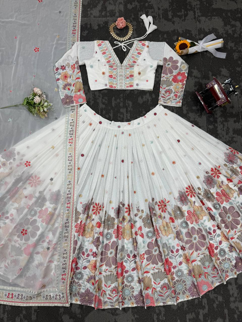 White Graceful Faux Georgette Lehenga Choli Set with Sequin & Thread Embroidery ClothsVilla