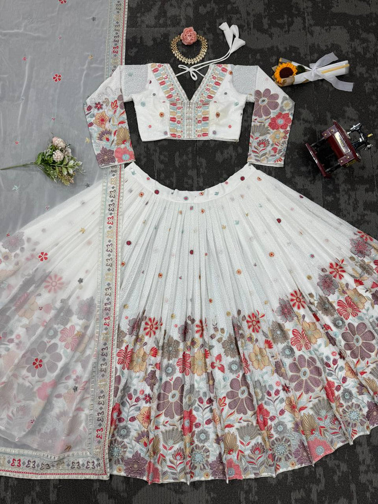 White Graceful Faux Georgette Lehenga Choli Set with Sequin & Thread Embroidery ClothsVilla