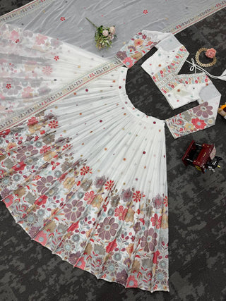 White Graceful Faux Georgette Lehenga Choli Set with Sequin & Thread Embroidery ClothsVilla