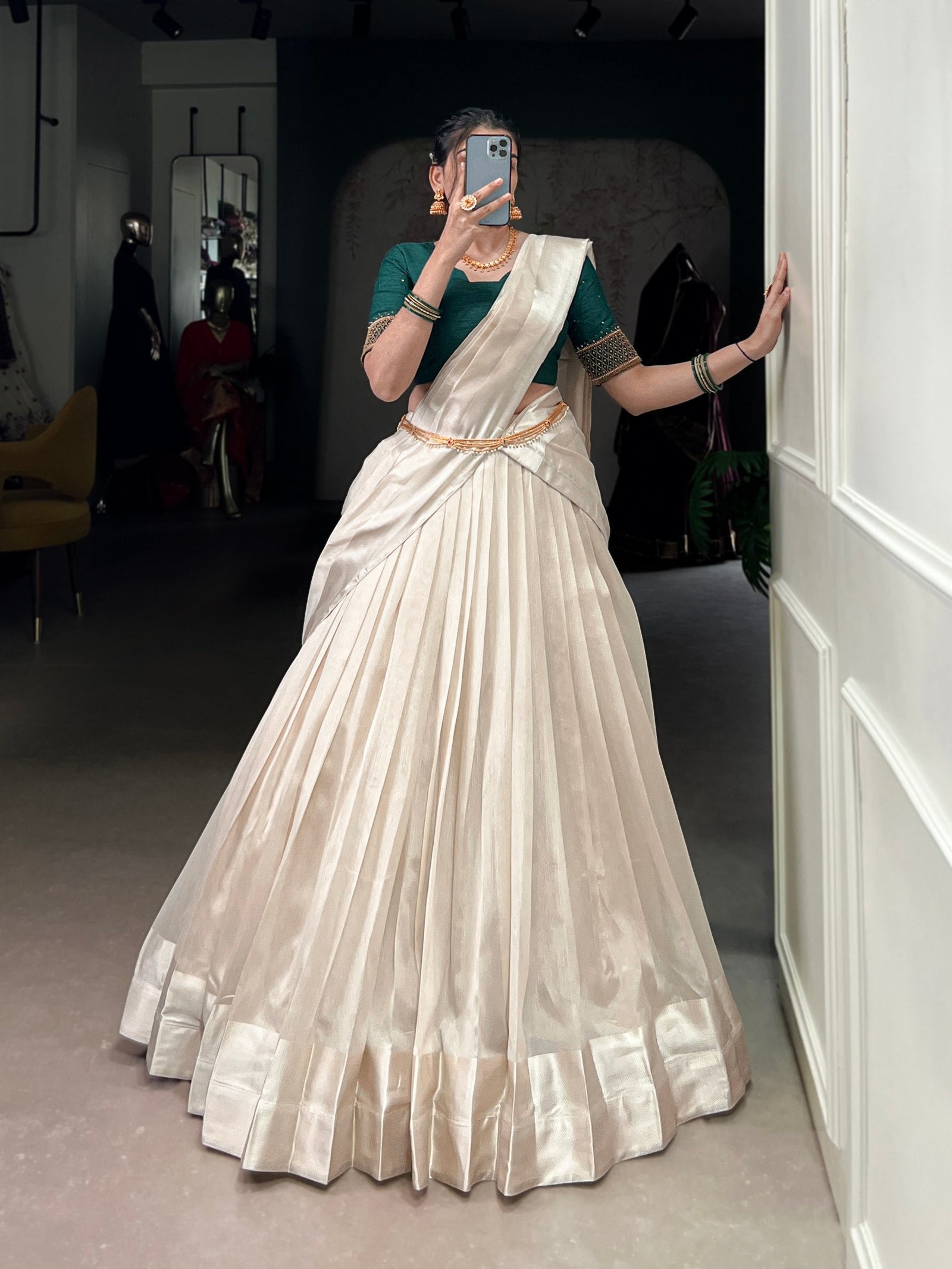 White Graceful Poly Tasar Lehenga Set with Bead Work Blouse & Viscose Border Dupatta ClothsVilla