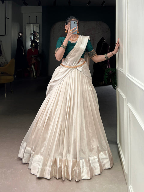 White Graceful Poly Tasar Lehenga Set with Bead Work Blouse & Viscose Border Dupatta ClothsVilla Main image