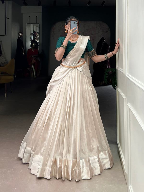 White Graceful Poly Tasar Lehenga Set with Bead Work Blouse & Viscose Border Dupatta ClothsVilla