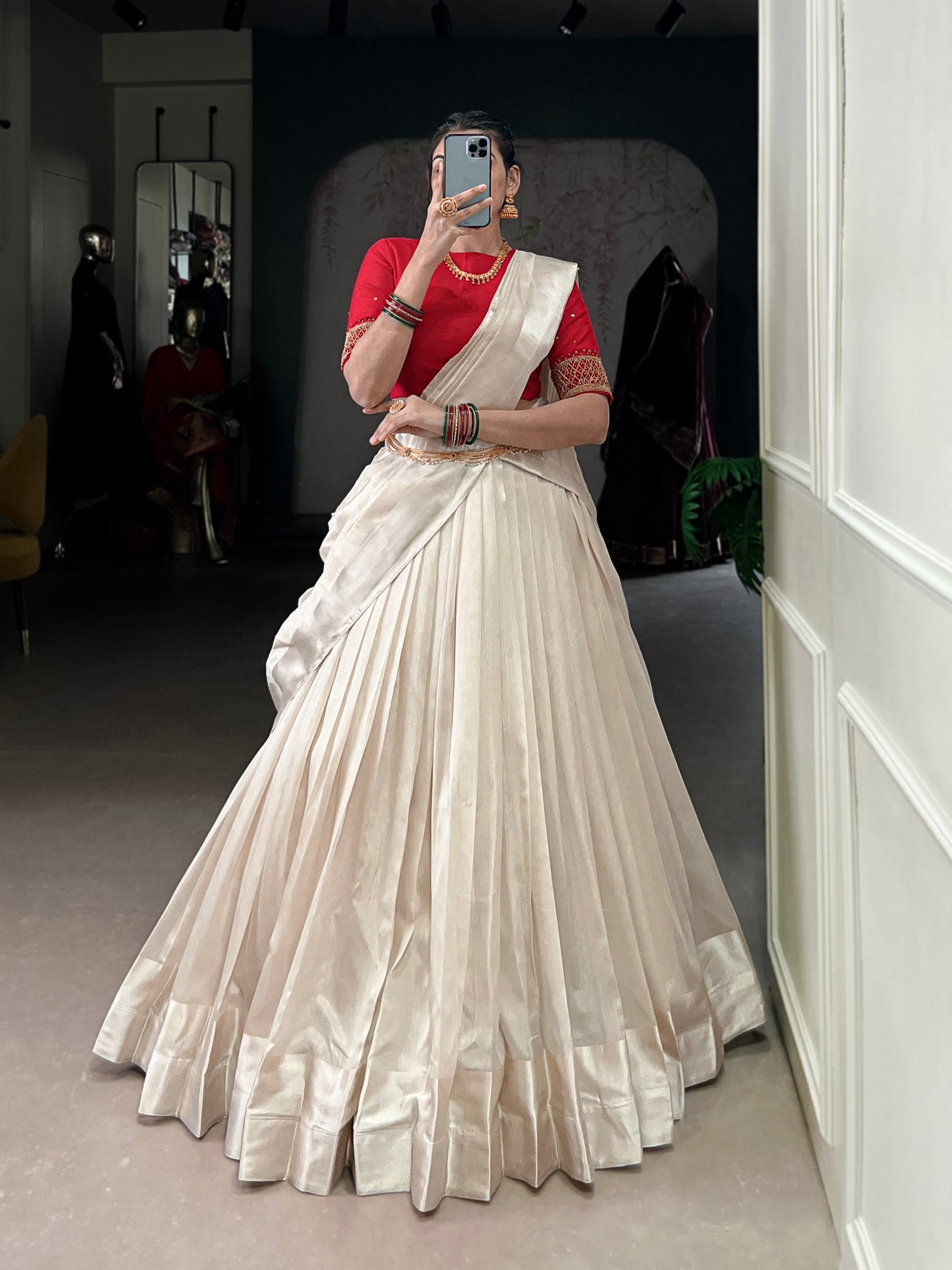 White Graceful Poly Tasar Lehenga Set with Bead Work Blouse & Viscose Border Dupatta ClothsVilla