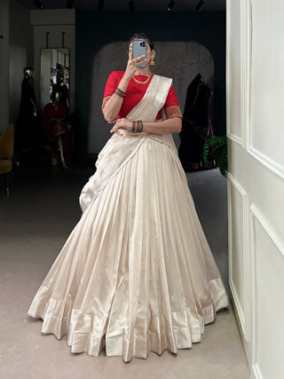 White Graceful Poly Tasar Lehenga Set with Bead Work Blouse & Viscose Border Dupatta ClothsVilla