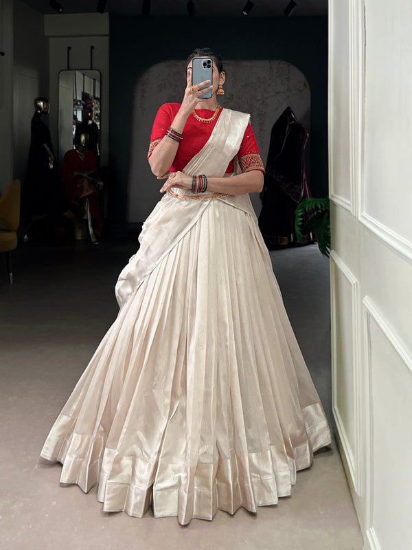 White Graceful Poly Tasar Lehenga Set with Bead Work Blouse & Viscose Border Dupatta ClothsVilla