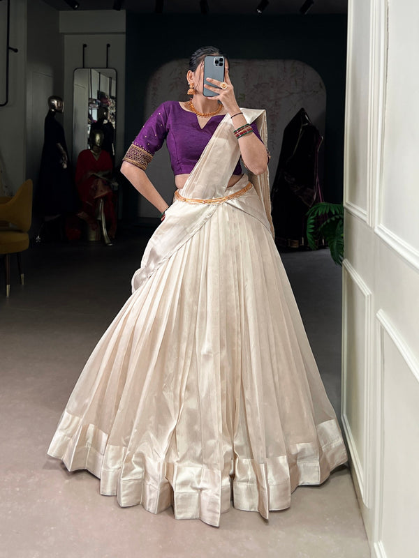 White Graceful Poly Tasar Lehenga Set with Bead Work Blouse & Viscose Border Dupatta ClothsVilla