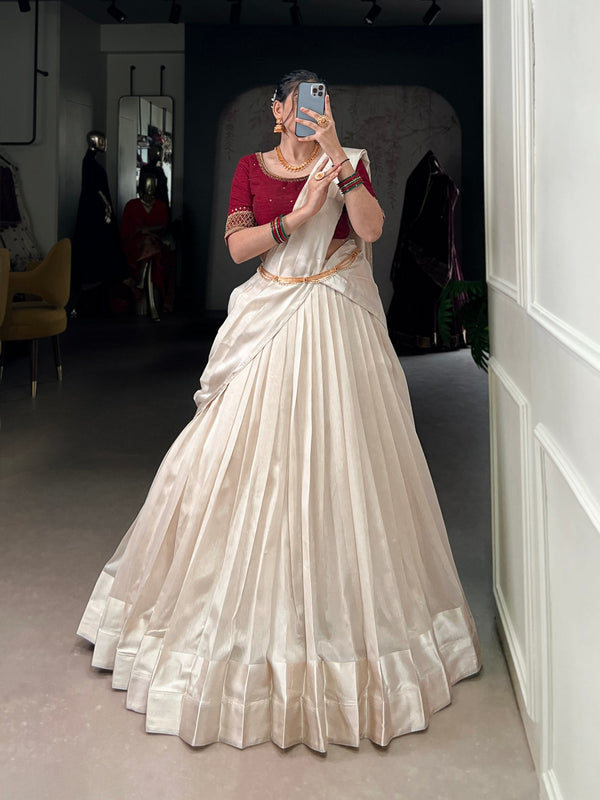 White Graceful Poly Tasar Lehenga Set with Bead Work Blouse & Viscose Border Dupatta ClothsVilla