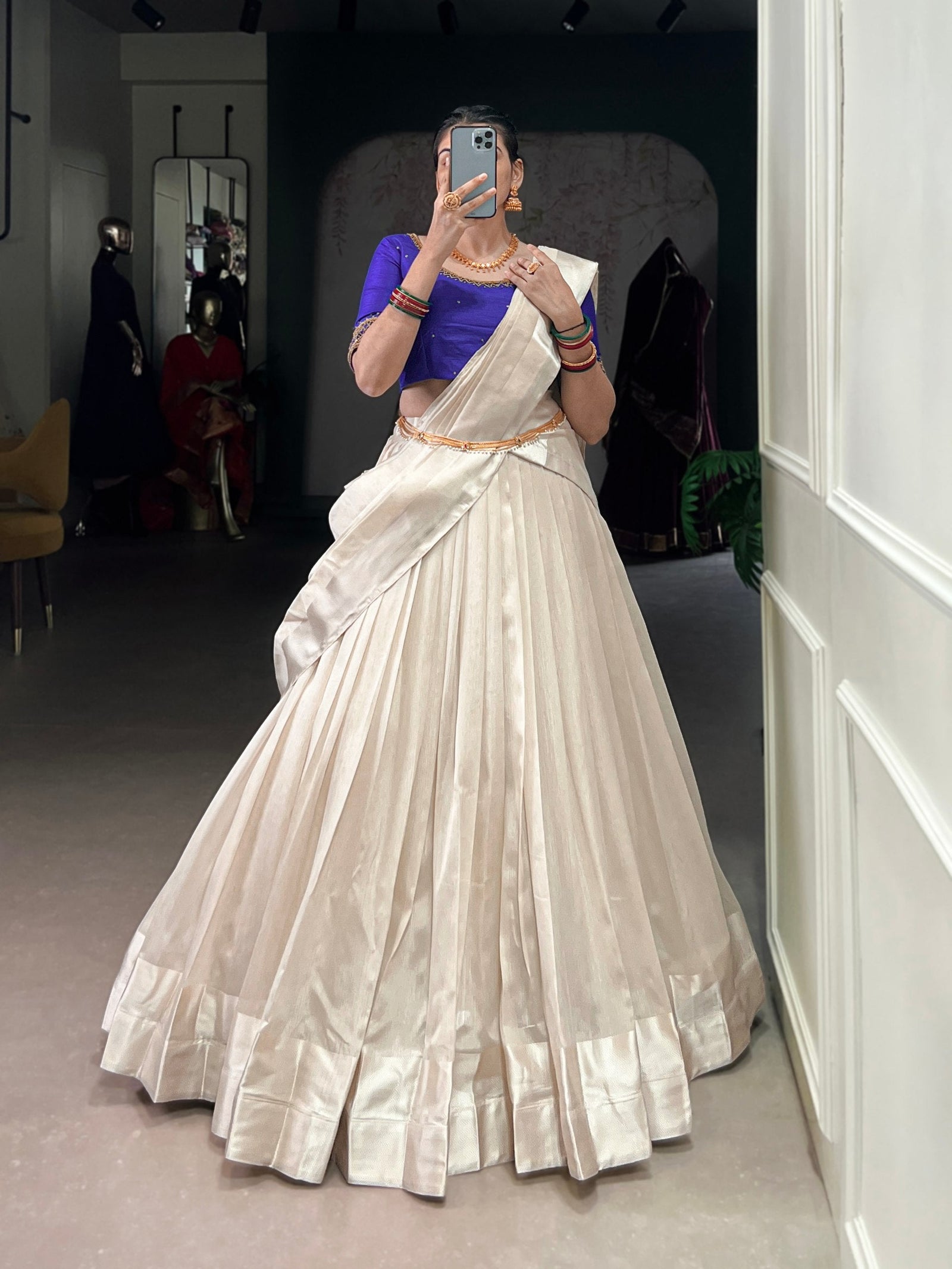 White Graceful Poly Tasar Lehenga Set with Bead Work Blouse & Viscose Border Dupatta ClothsVilla