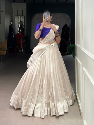 White Graceful Poly Tasar Lehenga Set with Bead Work Blouse & Viscose Border Dupatta ClothsVilla